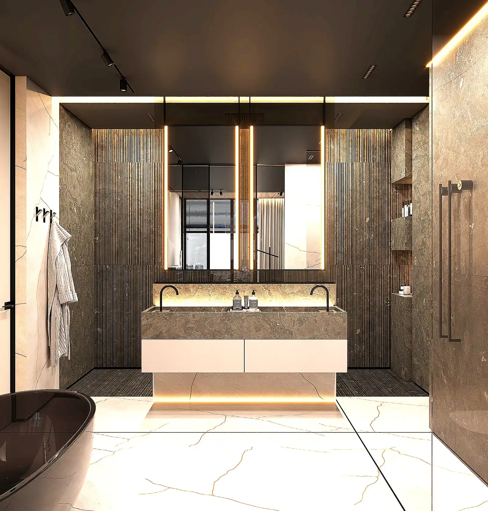 A hotel-grade bathroom design: a lit floating stone vanity, a walk-in shower behind glass and a freestanding tub.