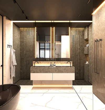 A hotel-grade bathroom design: a lit floating stone vanity, a walk-in shower behind glass and a freestanding tub.