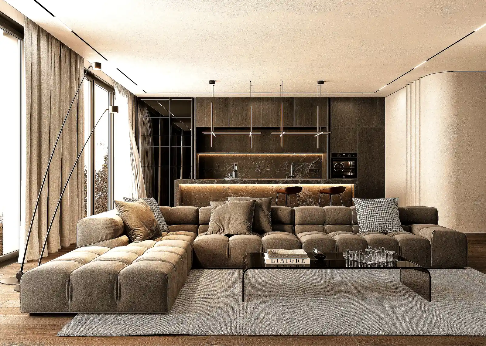 A lounge and bar designed in 3D before construction: a long grey sectional, floor-to-ceiling windows, slim pendant lights and a dark kitchen run with a backlit stone backsplash.